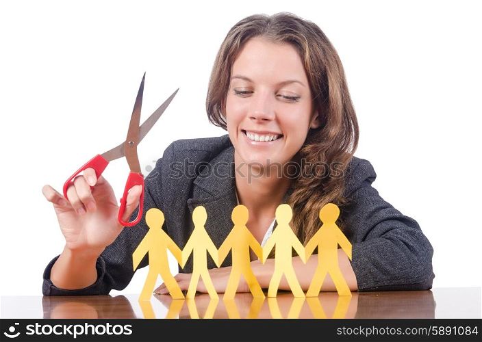 Businesswoman with paper people on white