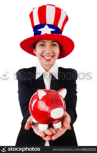 Businesswoman with piggy bank isolated on white