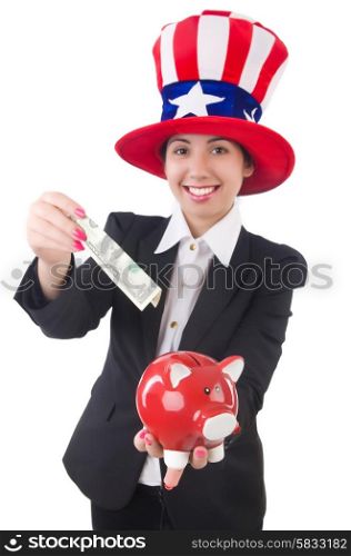Businesswoman with piggy bank isolated on white
