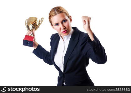 Businesswoman with prize on white