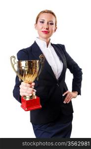 Businesswoman with prize on white