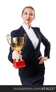 Businesswoman with prize on white