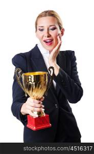 Businesswoman with prize on white