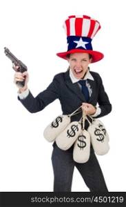 Businesswoman with sacks of money and gun isolated on white