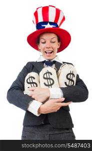 Businesswoman with sacks of money on white