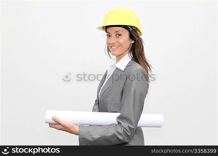 Businesswoman with security helmet on white background