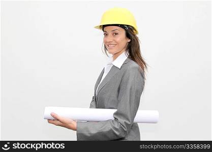 Businesswoman with security helmet on white background
