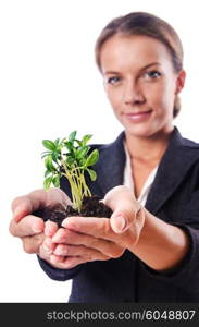 Businesswoman with seedling on white