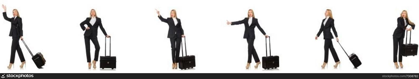 Businesswoman with suitcase isolated on white 