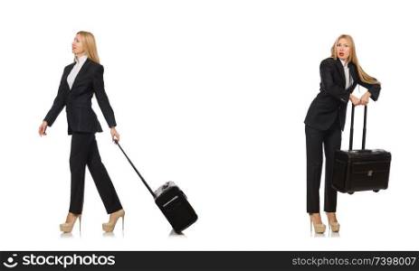 Businesswoman with suitcase isolated on white 