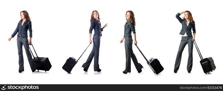 Businesswoman with suitcase on white