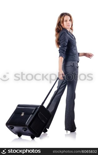Businesswoman with suitcase on white