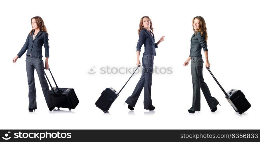 Businesswoman with suitcase on white