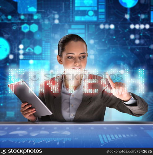 Businesswoman with tablet in financial technology fintech concept. Businesswoman with tablet in financial technology fintech concep