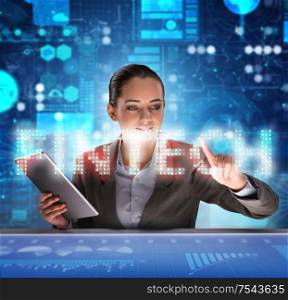 Businesswoman with tablet in financial technology fintech concept. Businesswoman with tablet in financial technology fintech concep