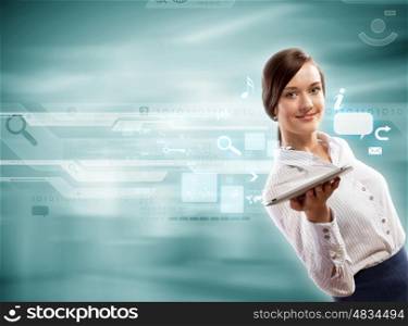 Businesswoman with tablet pc. Image of businesswoman with tablet pc against high-tech background