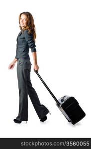 Businesswoman with travel case on white