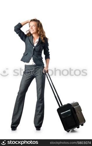 Businesswoman with travel case on white