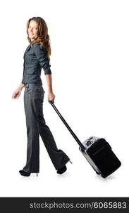 Businesswoman with travel case on white