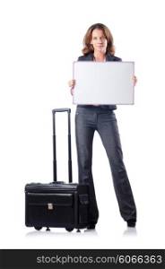 Businesswoman with travel case on white