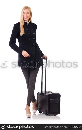 Businesswoman with travel suitcase on white