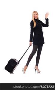 Businesswoman with travel suitcase on white