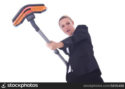 Businesswoman with vacuum cleaner on white