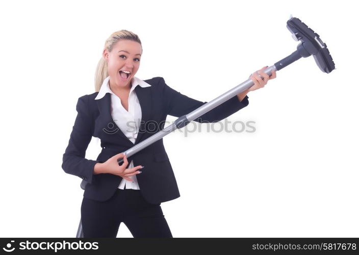 Businesswoman with vacuum cleaner on white