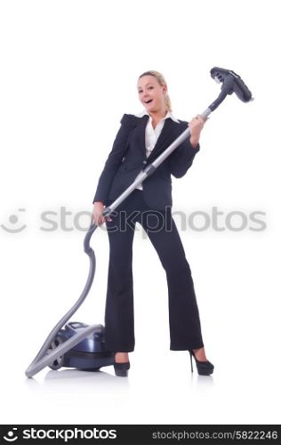 Businesswoman with vacuum cleaner on white