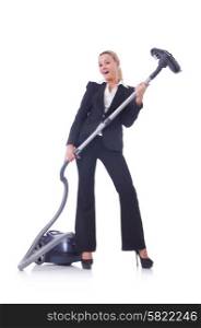 Businesswoman with vacuum cleaner on white