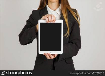 businesswoman with vertical tablet