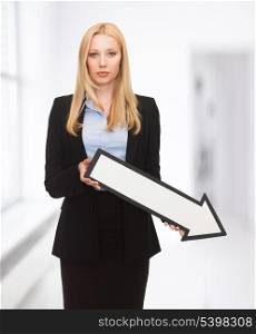 businesswoman with white arrow pointing down