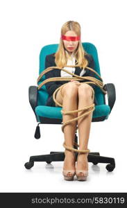 Businesswoman woman tied up with rope on white