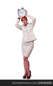 Businesswoman woman with clock on white