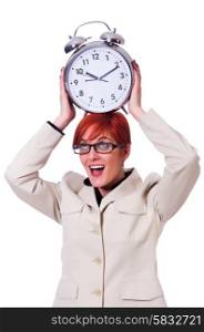 Businesswoman woman with clock on white