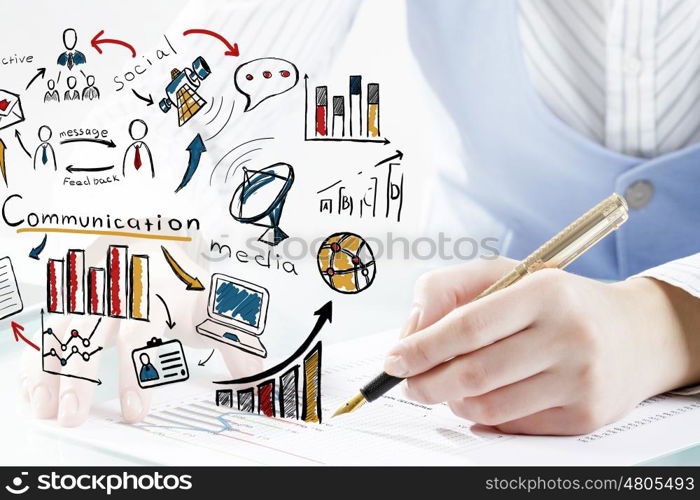 Businesswoman working at her desk. Close up of female hand writing with pen business sucess strategy