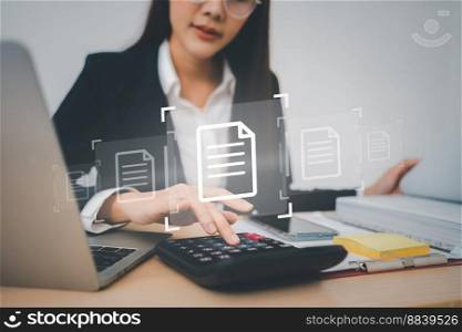 Businesswoman working on Document Management System  DMS . Software for archiving, searching, and managing corporate files and information, documentation in enterprise with ERP.