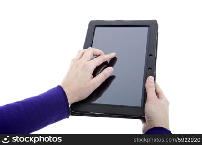 businesswoman working with a tablet pc, isolated