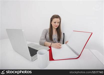 Businesswoman writing in book at office desk
