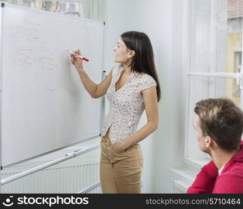 Businesswoman writing on whiteboard in meeting