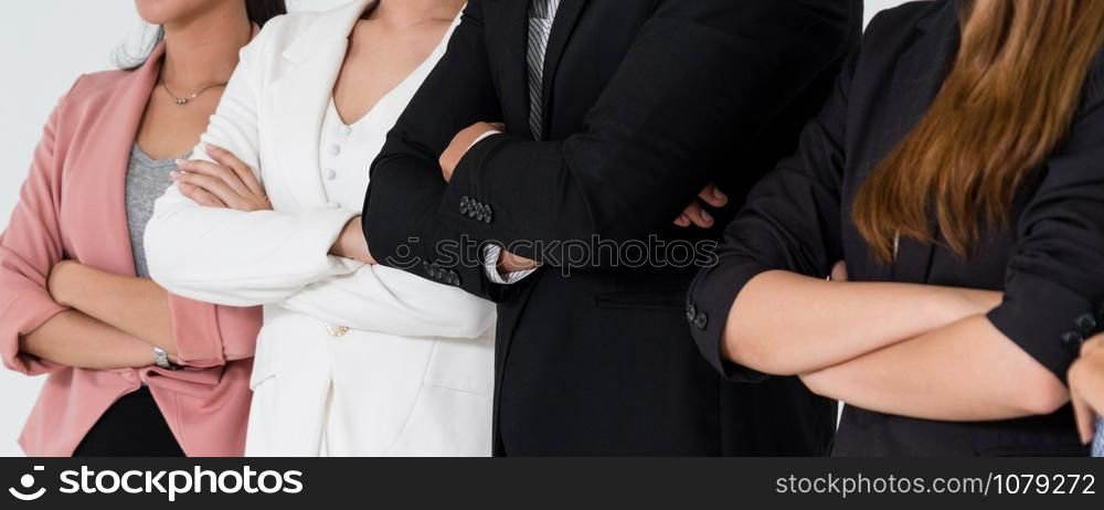 Businesswomen and businessman standing in row in office. Corporate business and teamwork concept.