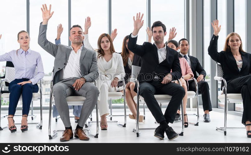 Businesswomen and businessmen attending group meeting conference in office room. Corporate business team concept.