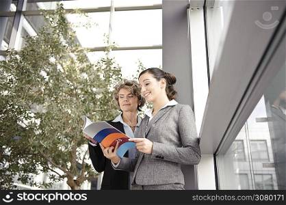 Businesswomen looking at brochure