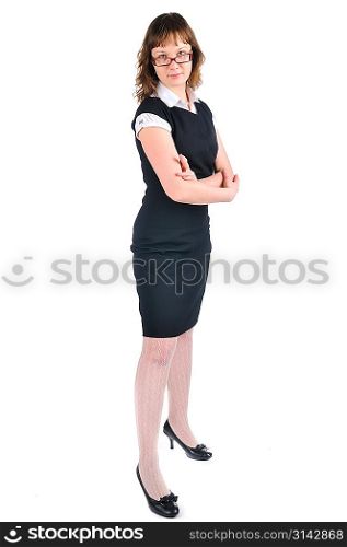 businesswomen standing up against a white background.