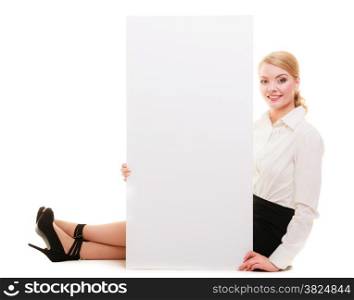 Bussines woman with blank presentation board. Girl holds banner sign billboard copy space for text. Isolated on white background.