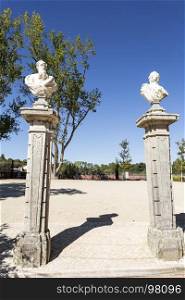 Bust statues of poets, philosophers and writers decorating the gardens of the Palace of Marques de Pombal in Oeiras, Portugal