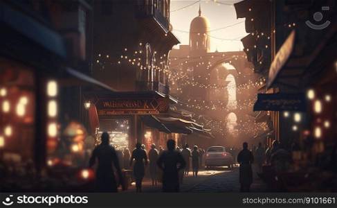 Bustling street of eastern town. Mosque, cars and people. Generative AI.. Bustling street of eastern town. Mosque, cars and people. Generative AI