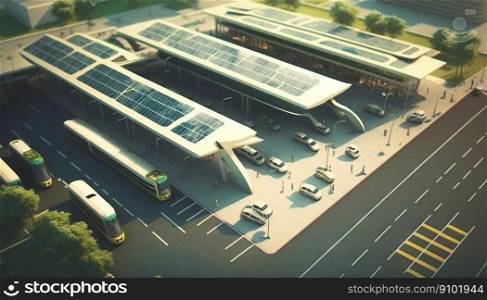 Bustling transportation center powered entirely by green energy. Electric cars, buses. Generative AI.. Bustling transportation center powered entirely by green energy. Electric cars, buses. Generative AI