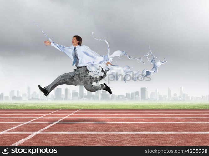 Busy businessman. Funny young office worker running in a hurry