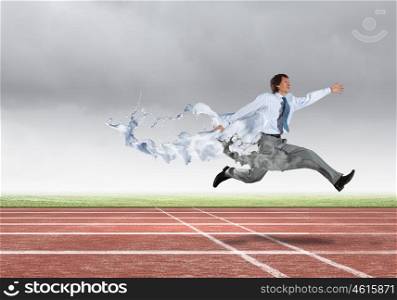 Busy businessman. Funny young office worker running in a hurry